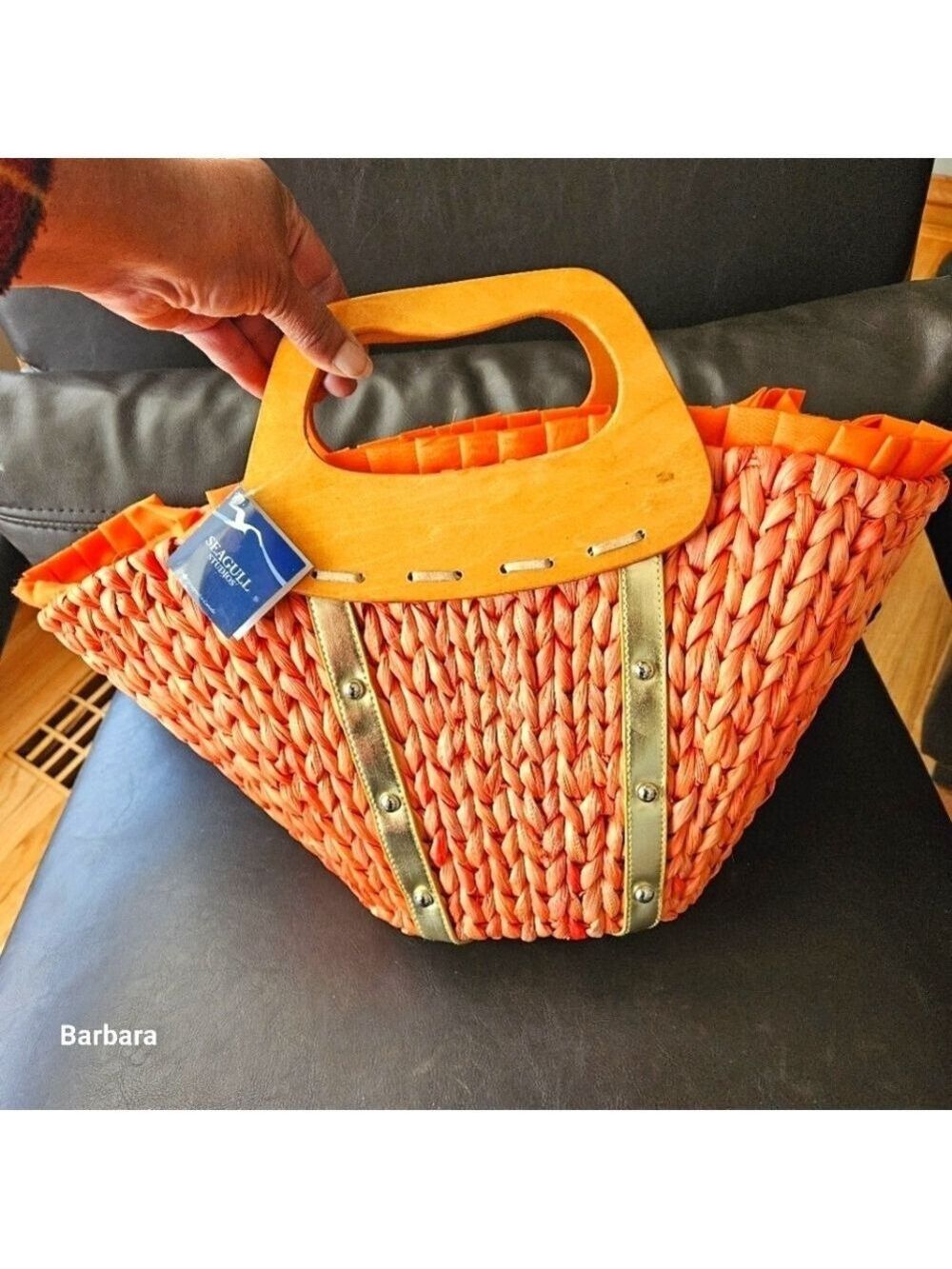 Seagull Studios "Urban Beach" Tangerine Raffia with Cornhusk Wooden Handles Bag